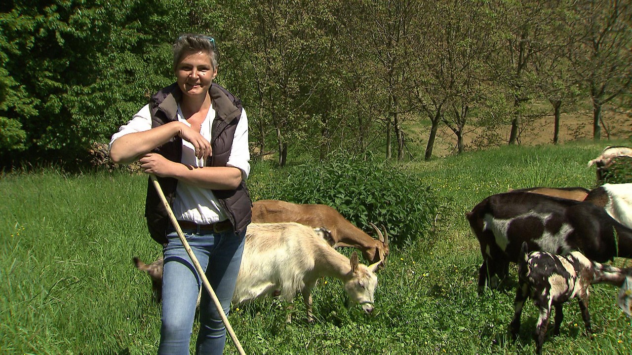 Sonja Trummer mit Ziegen auf der Weide